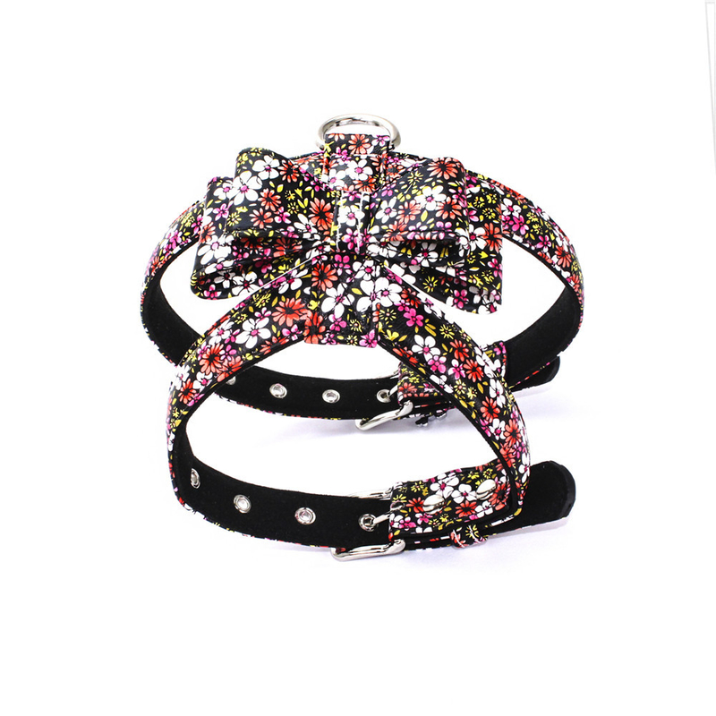 No Pull Leather Adult Dog Walking Training Harness With Bow Floral Design