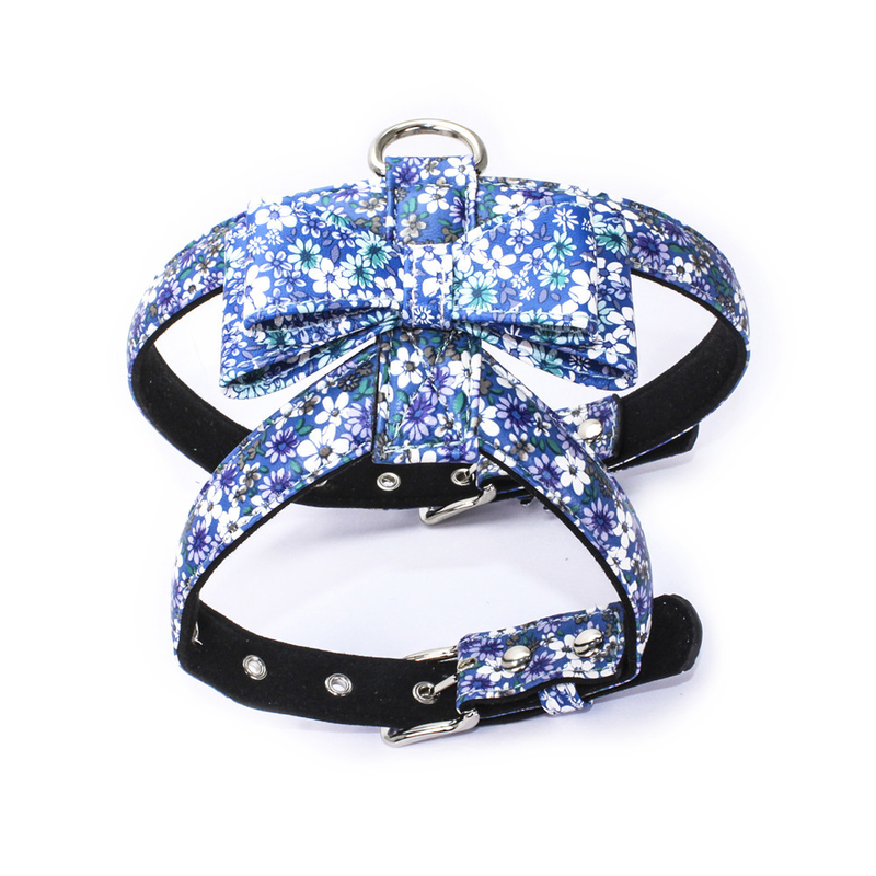 No Pull Leather Adult Dog Walking Training Harness With Bow Floral Design